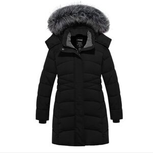 Wantdo Kids' Black Fleece-Lined Winter Parka (Size 10-12) Black Faux Fur Hood